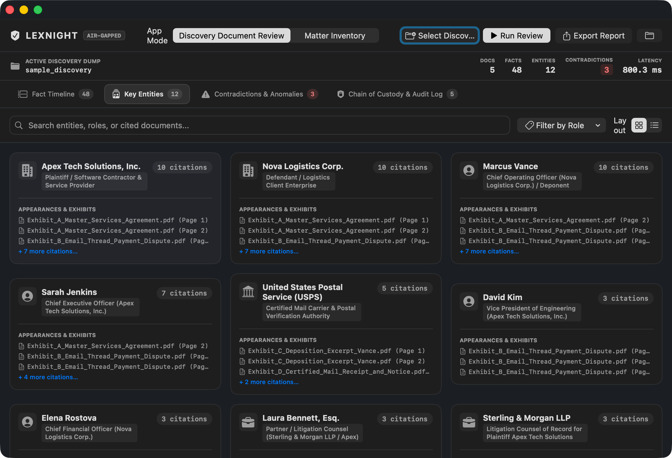 Lexnight macOS app displaying key entity and witness directory