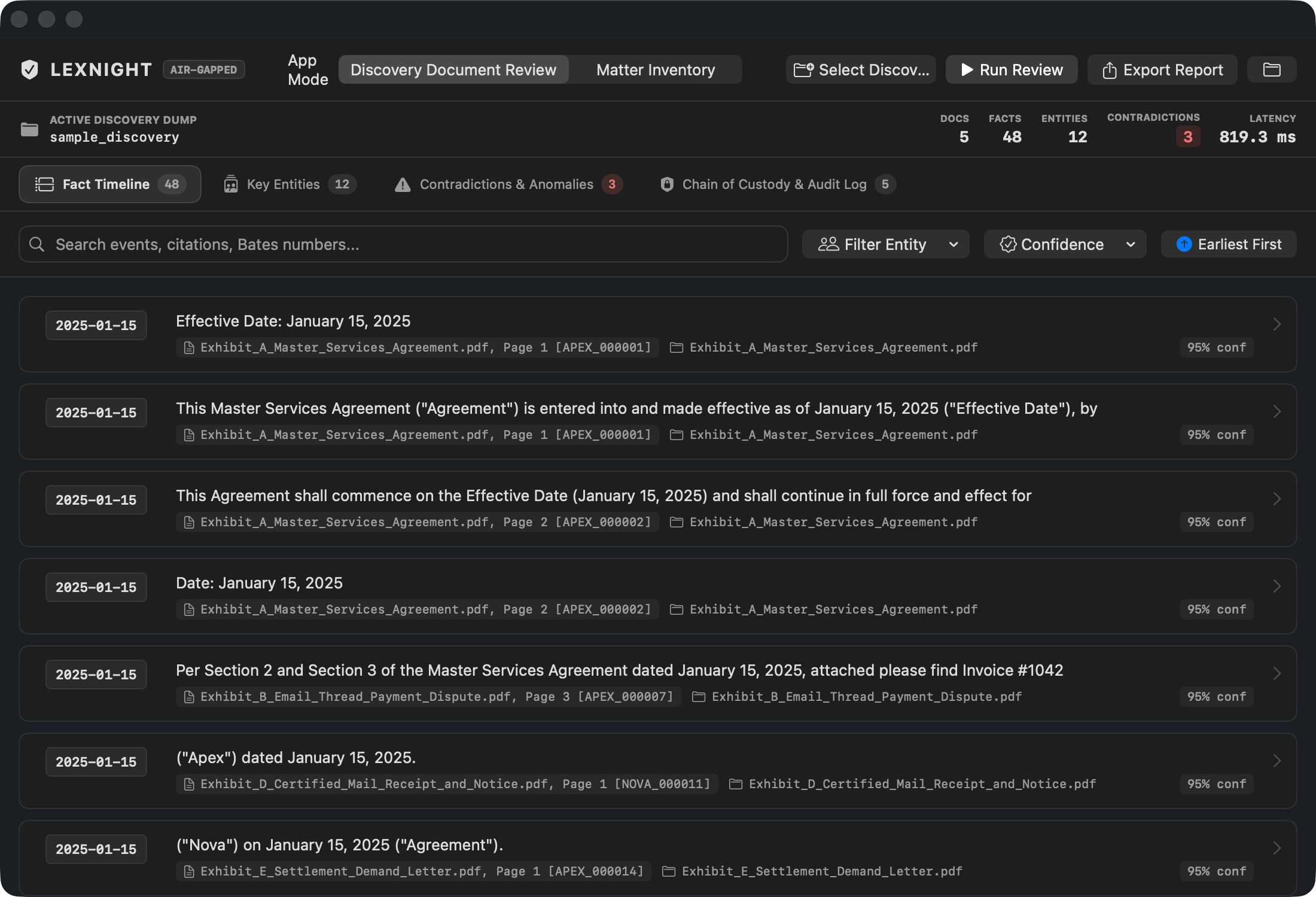 Lexnight macOS app displaying chronological Bates-stamped fact timeline